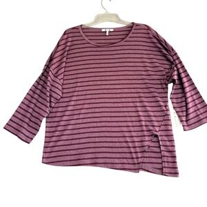 Three Dots Womens L Striped Knit Top Burgundy Maroon Slit Hem Dolman Sleeve NWT
